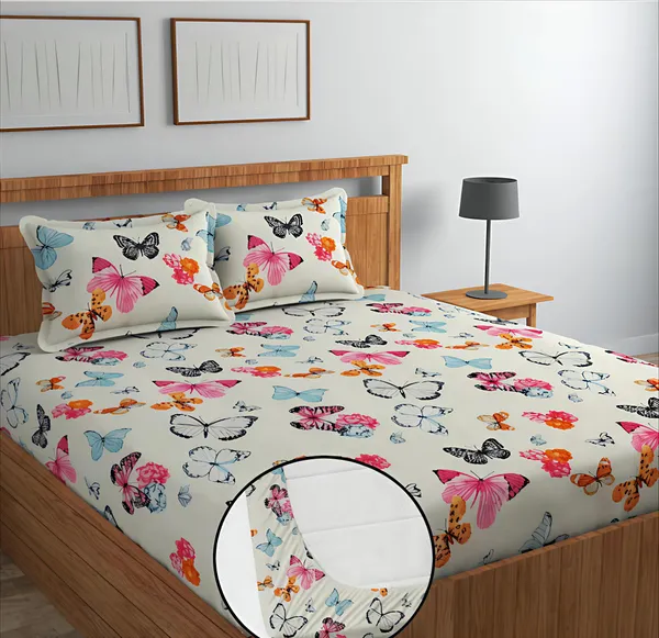 WHITE_BUTTERFLY_Premium_Fitted_Elastic_Bedsheet_with_Two_Pillow_Covers_(72X78X_Up_to_10_Inches)_&_360_Degree_Elasticated