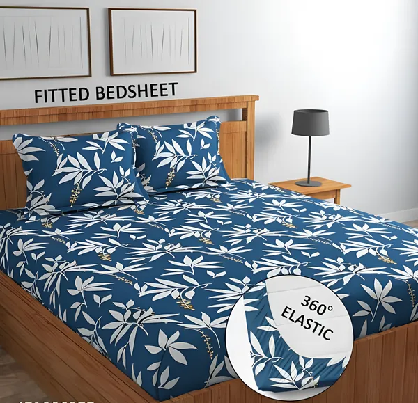 LEAVES_BLUE_PATTERN_Premium_Fitted_Elastic_Bedsheet_with_Two_Pillow_Covers_(72X78X_Up_to_10_Inches)_&_360_Degree_Elasticated