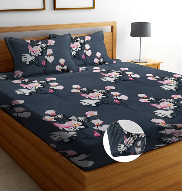 GREY_KALI_Fitted_Elastic_Bedsheet_with_Two_Pillow_Covers_(72X78X_Up_to_10_Inches)_&_360_Degree_Elasticated_|_BS