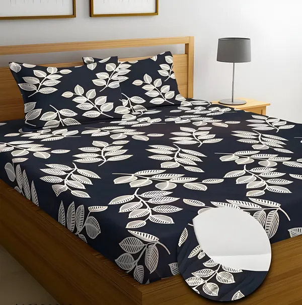 CHANNI_LEAVES_220_TC_Fitted_Elastic_Bedsheet_with_Two_Pillow_Covers_(72X78X_Up_to_10_Inches)_&_360_Degree_Elasticated