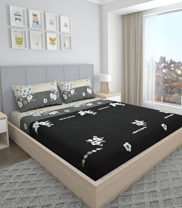 BLACK_AND_GREY_220_TC_Fitted_Elastic_Bedsheet_with_Two_Pillow_Covers_(72X78X_Up_to_10_Inches)_&_360_Degree_Elasticated