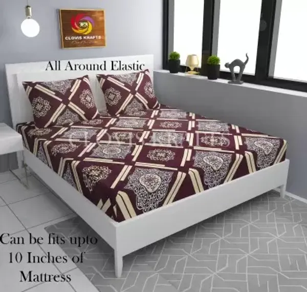 BROWN_CHECK_220_TC_Fitted_Elastic_Bedsheet_with_Two_Pillow_Covers_(72X78X_Up_to_10_Inches)_&_360_Degree_Elasticated