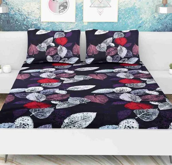 BLACK_LEAVES_220_TC_Cotton__All_Round_Elastic_Fitted_Bedsheet_with_2_Pillow_Covers_(72X78X_Upto_10_Inches)_&_360_Degree_Elasticated