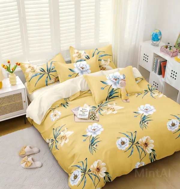 YELLOW_FLOWER_Premium_Fitted_Elastic_Bedsheet_with_Two_Pillow_Covers_(72X78X_Up_to_10_Inches)_&_360_Degree_Elasticated