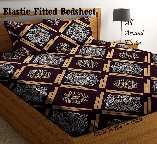 BROWN_CHECK_220_TC_Fitted_Elastic_Bedsheet_with_Two_Pillow_Covers_(72X78X_Up_to_10_Inches)_&_360_Degree_Elasticated
