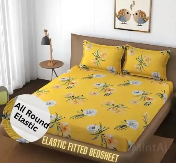 NEW_YELLOW_FLOWER_Premium_Fitted_Elastic_Bedsheet_with_Two_Pillow_Covers_(72X78X_Up_to_10_Inches)_&_360_Degree_Elasticated
