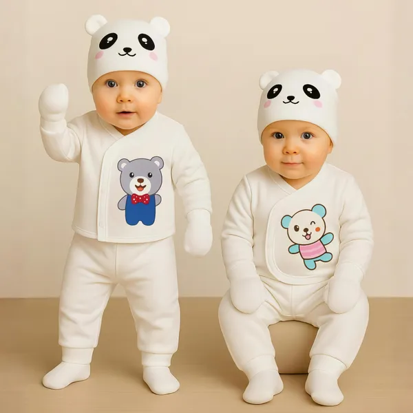White_Soft_Cotton_Unisex_Adorable_Panda_Cap_&_Bear_Print_Baby_Clothing_Set_(Pack_Of_2)