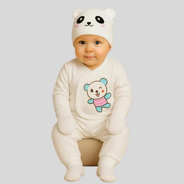 White_Soft_Cotton_Unisex_Adorable_Panda_Cap_&_Bear_Print_Baby_Clothing_Set_(Pack_Of_2)