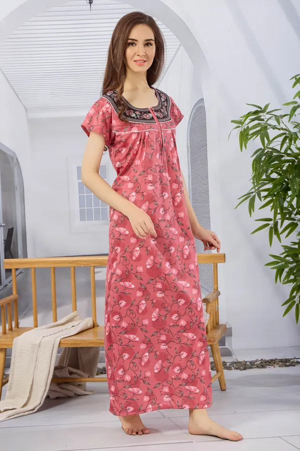 Embroidery_Rose_Pink_Hosiery_Nighty_Half_Sleeve_and_Front_Zip
