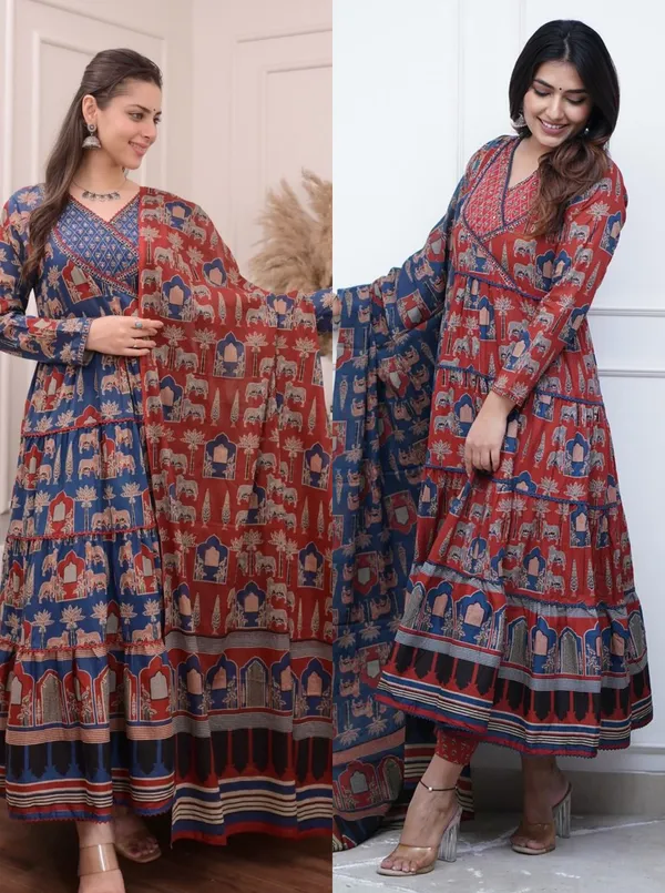 Blue_Cotton_Animal_Printed_Gown_Pant_And_Dupatta_Set_For_Women