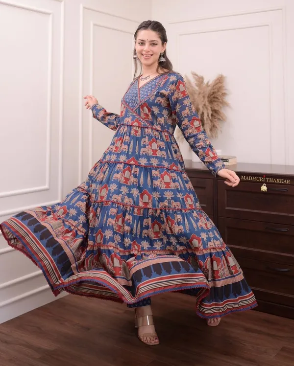 Blue_Cotton_Animal_Printed_Gown_Pant_And_Dupatta_Set_For_Women