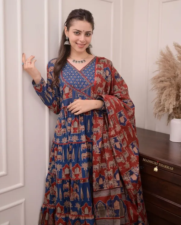 Blue_Cotton_Animal_Printed_Gown_Pant_And_Dupatta_Set_For_Women