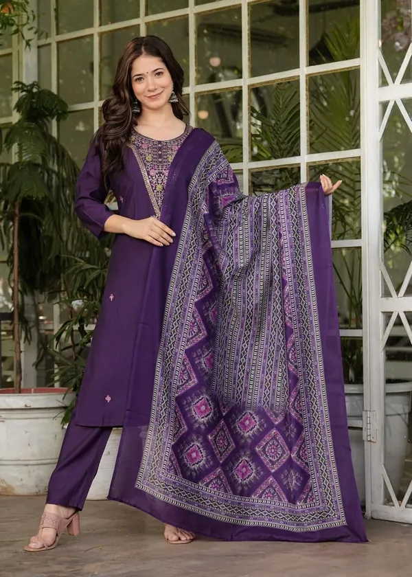 Dark_Purple_Cotton_Regular_Fit_Solid__Silk_Kurta_Pant_And_Dupatta_Set_For_Women