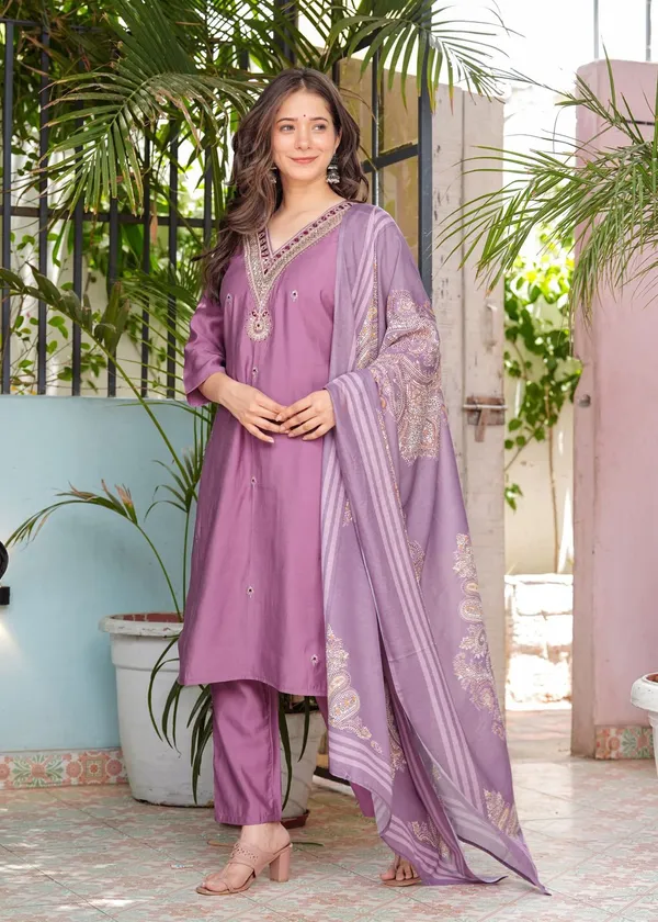 Purple_Cotton_Regular_Fit_Solid_Silk_Kurta_Pant_And_Dupatta_Set_For_Women