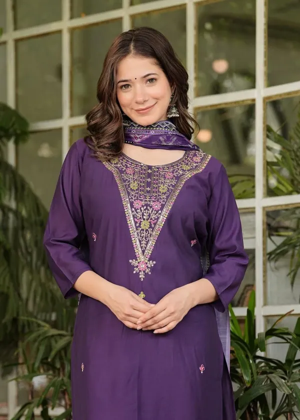 Dark_Purple_Cotton_Regular_Fit_Solid__Silk_Kurta_Pant_And_Dupatta_Set_For_Women