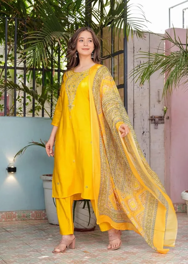 Yellow_Cotton_Silk_Embroidered__Kurta_Pant_And_Dupatta_Set_For_Women