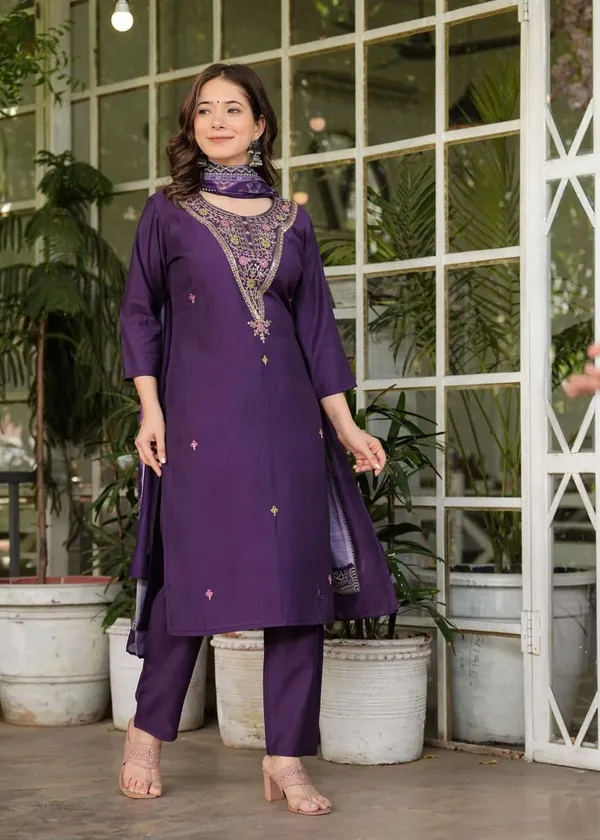 Dark_Purple_Cotton_Regular_Fit_Solid__Silk_Kurta_Pant_And_Dupatta_Set_For_Women