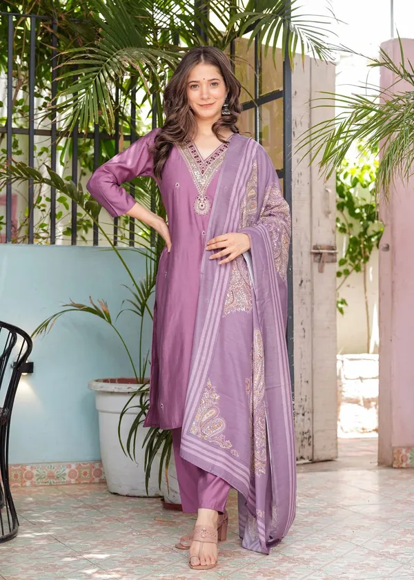 Purple_Cotton_Regular_Fit_Solid_Silk_Kurta_Pant_And_Dupatta_Set_For_Women
