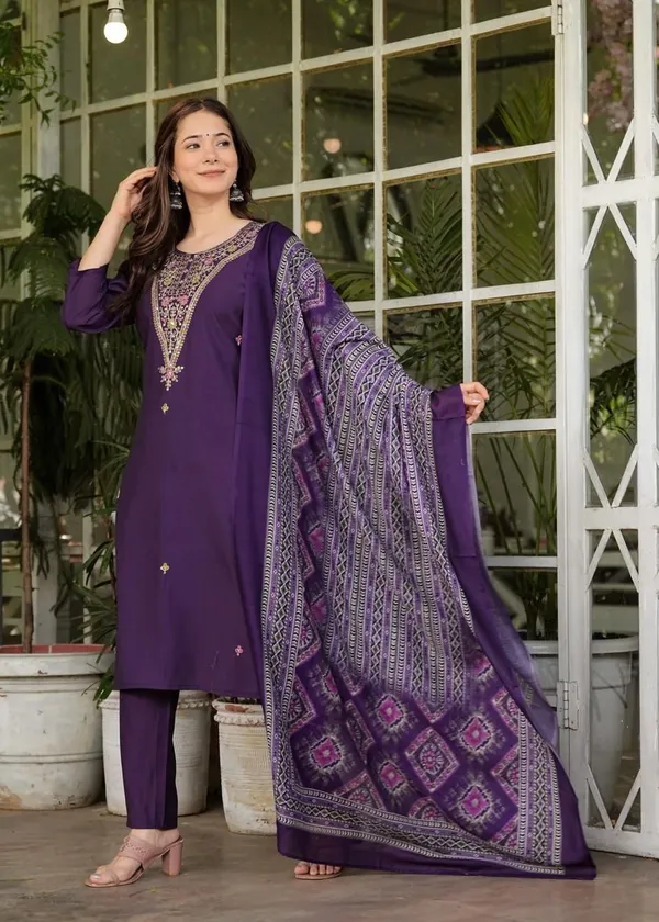 Dark_Purple_Cotton_Regular_Fit_Solid__Silk_Kurta_Pant_And_Dupatta_Set_For_Women
