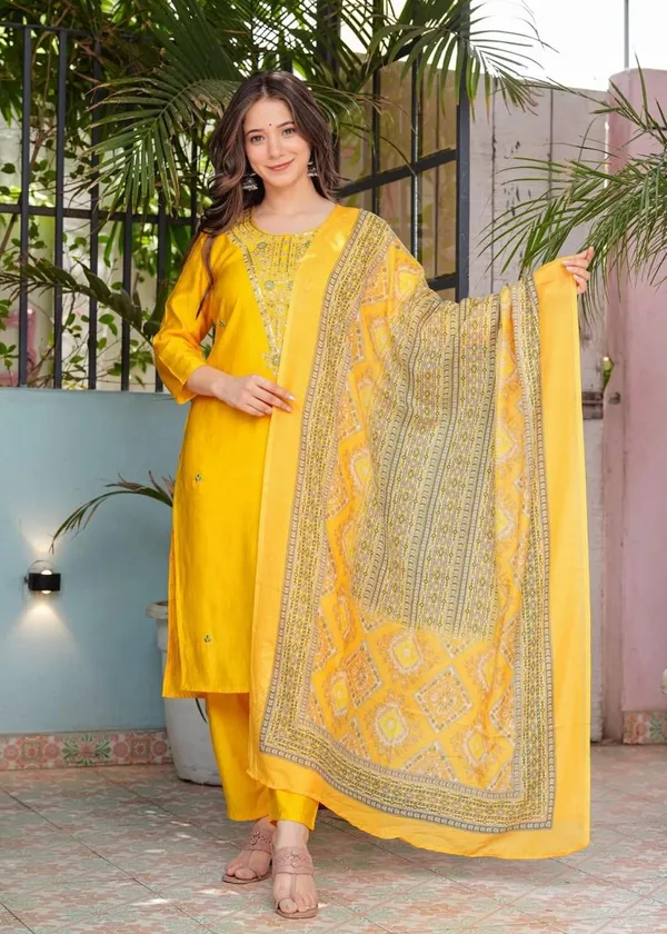 Yellow_Cotton_Silk_Embroidered__Kurta_Pant_And_Dupatta_Set_For_Women