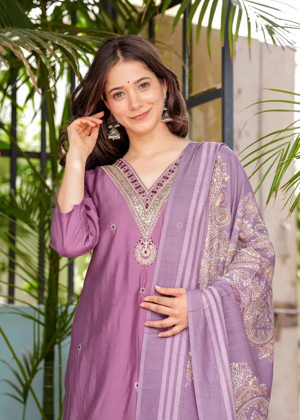 Purple_Cotton_Regular_Fit_Solid_Silk_Kurta_Pant_And_Dupatta_Set_For_Women