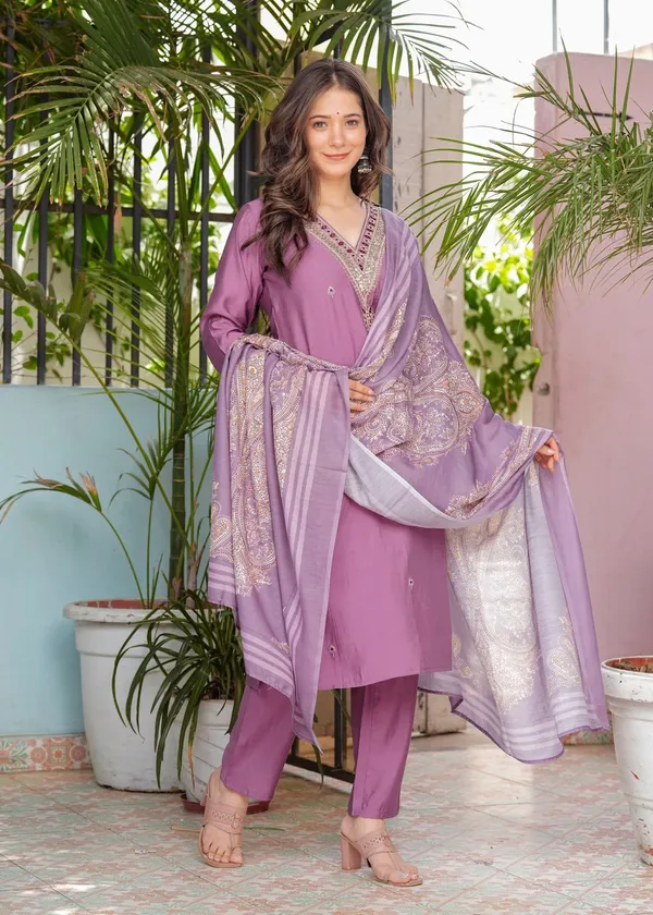 Purple_Cotton_Regular_Fit_Solid_Silk_Kurta_Pant_And_Dupatta_Set_For_Women
