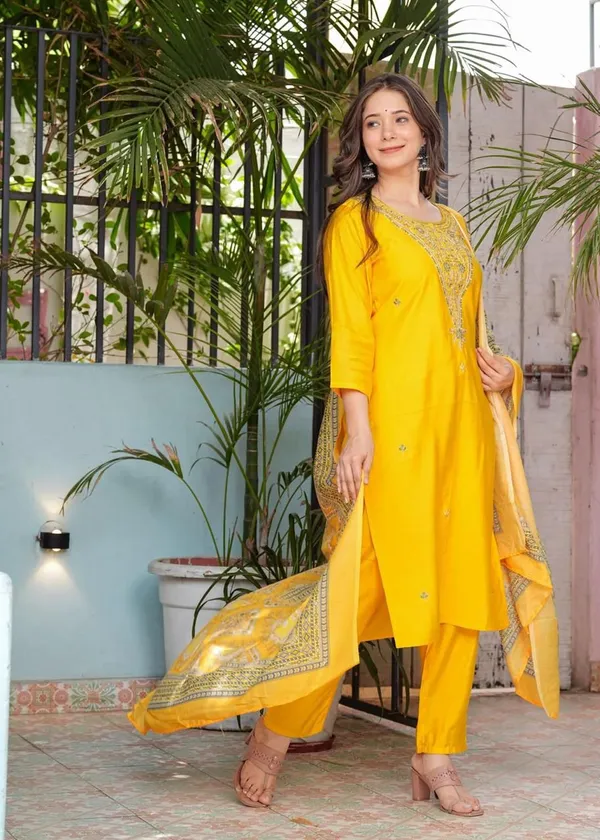 Yellow_Cotton_Silk_Embroidered__Kurta_Pant_And_Dupatta_Set_For_Women