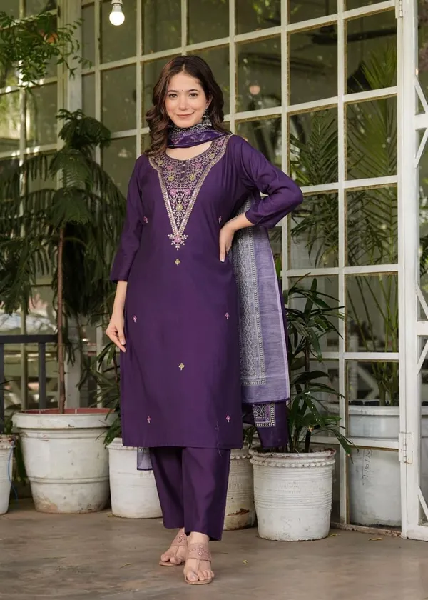 Dark_Purple_Cotton_Regular_Fit_Solid__Silk_Kurta_Pant_And_Dupatta_Set_For_Women