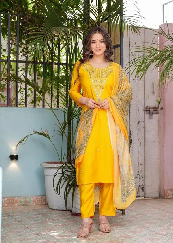 Yellow_Cotton_Silk_Embroidered__Kurta_Pant_And_Dupatta_Set_For_Women