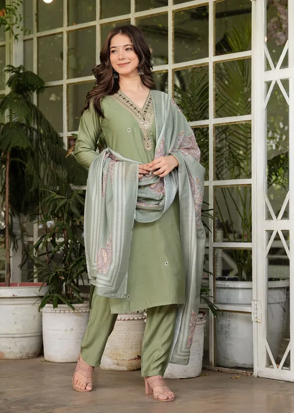 Mehandi_Green_Cotton_Silk_Kurta_Pant_And_Dupatta_Set_For_Women