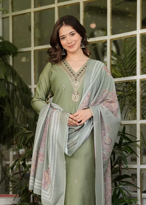 Mehandi_Green_Cotton_Silk_Kurta_Pant_And_Dupatta_Set_For_Women