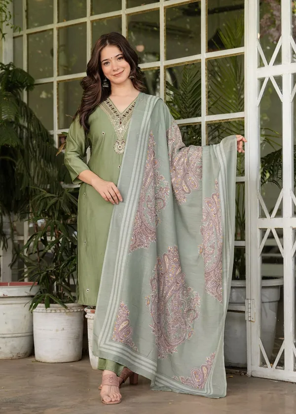 Mehandi_Green_Cotton_Silk_Kurta_Pant_And_Dupatta_Set_For_Women