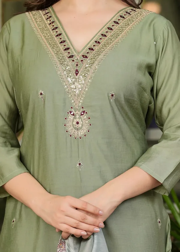 Mehandi_Green_Cotton_Silk_Kurta_Pant_And_Dupatta_Set_For_Women