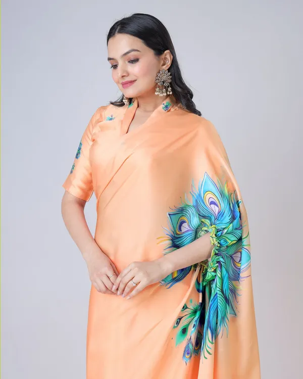 Peach_Trendy_Free-Hand_Peacock_Feather_Print_Saree