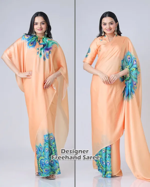 Peach_Trendy_Free-Hand_Peacock_Feather_Print_Saree