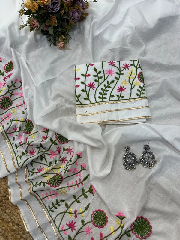 White_Lilen_Silk_Embroidered_Designer_Saree