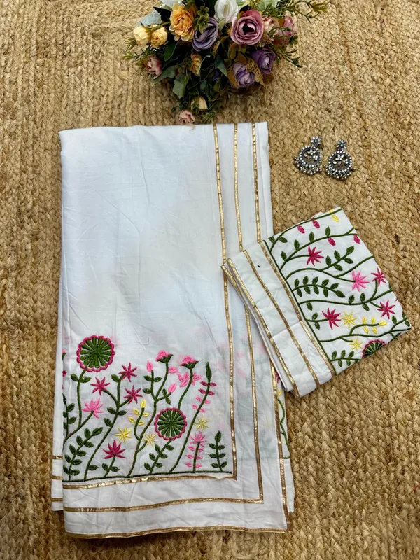 White_Lilen_Silk_Embroidered_Designer_Saree