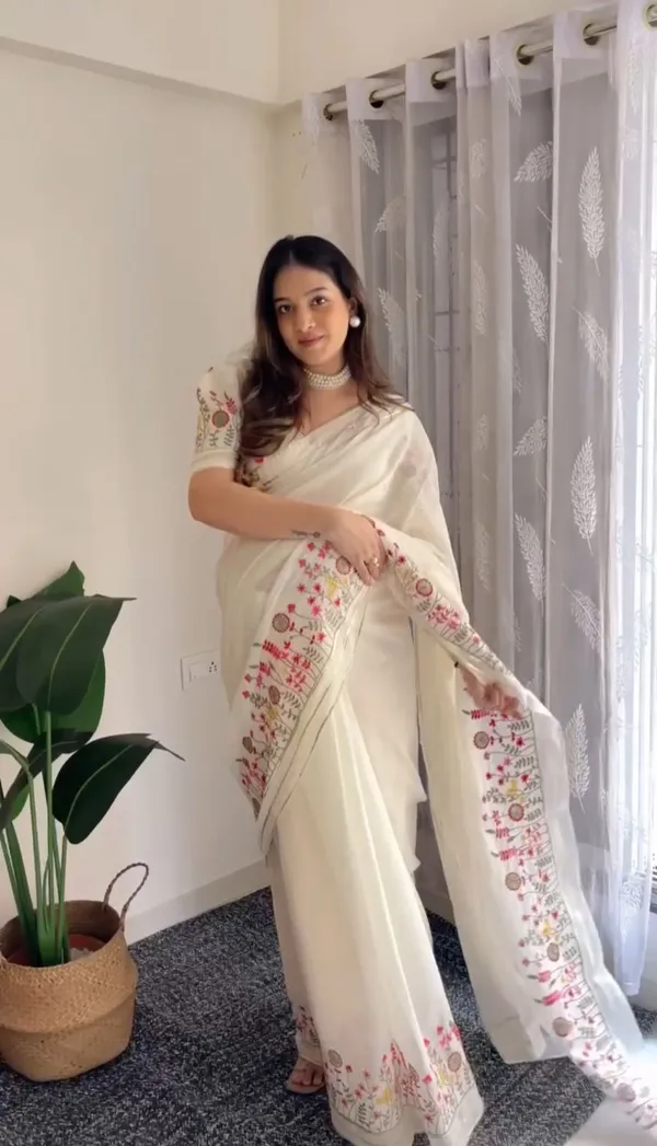 White_Lilen_Silk_Embroidered_Designer_Saree