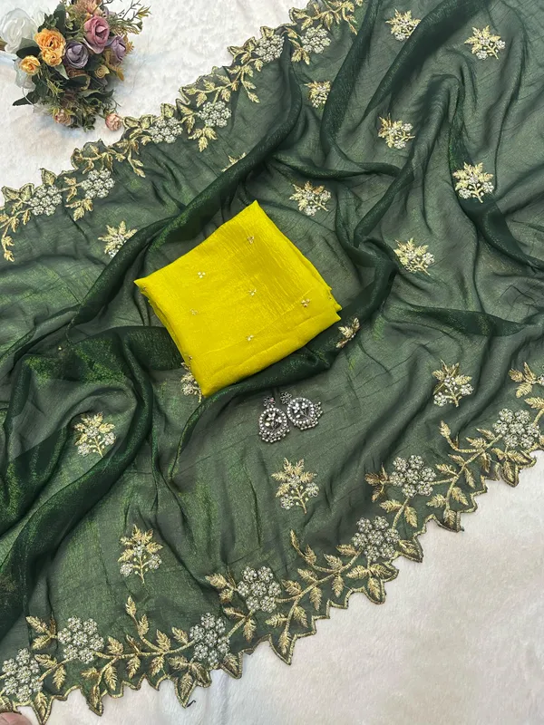 Dark_Green_Crush_Silk_Moti_Embroidered_Saree