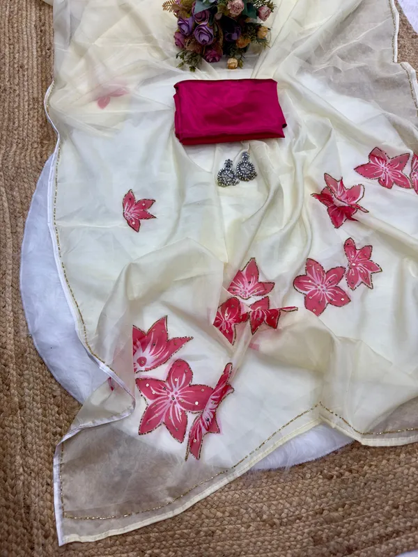Beige_lotus_handwork_Designer_Saree