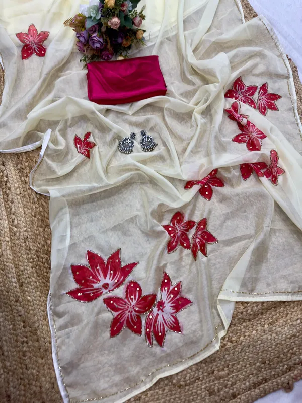 Beige_lotus_handwork_Designer_Saree