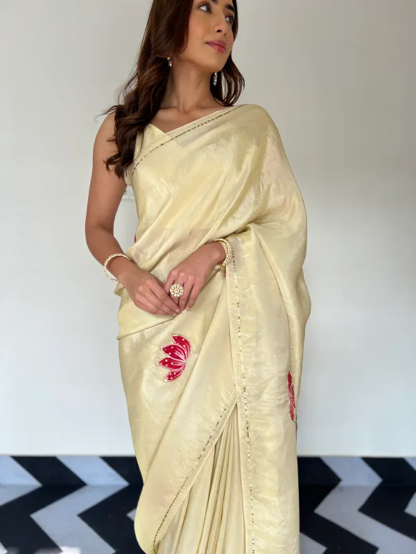 Beige_lotus_handwork_Designer_Saree