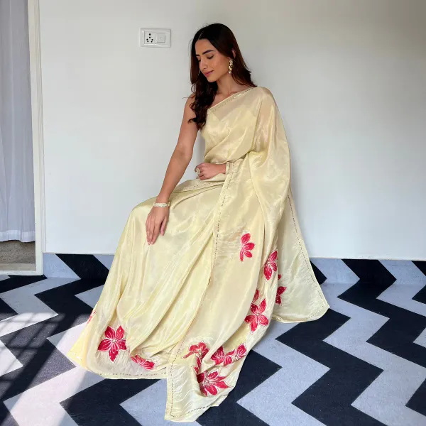 Beige_lotus_handwork_Designer_Saree