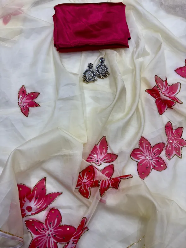 Beige_lotus_handwork_Designer_Saree