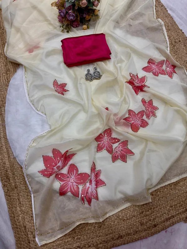 Beige_lotus_handwork_Designer_Saree