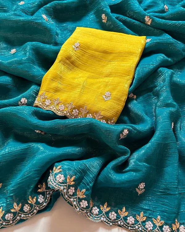 Teal_Shaded_Crunchy_Chiffon_Silk_Embroidered_Saree