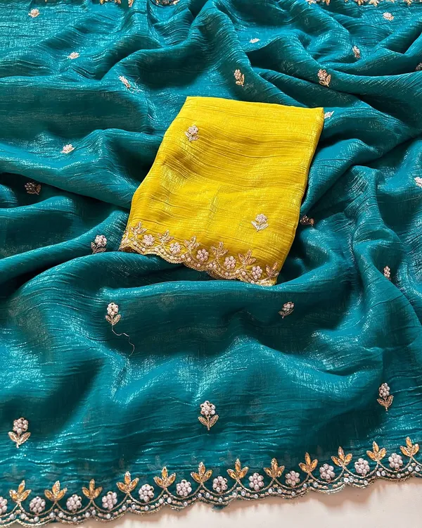 Teal_Shaded_Crunchy_Chiffon_Silk_Embroidered_Saree