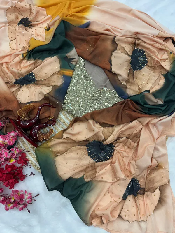 Beige_Satin_Floral_Handwork_Designer_Saree