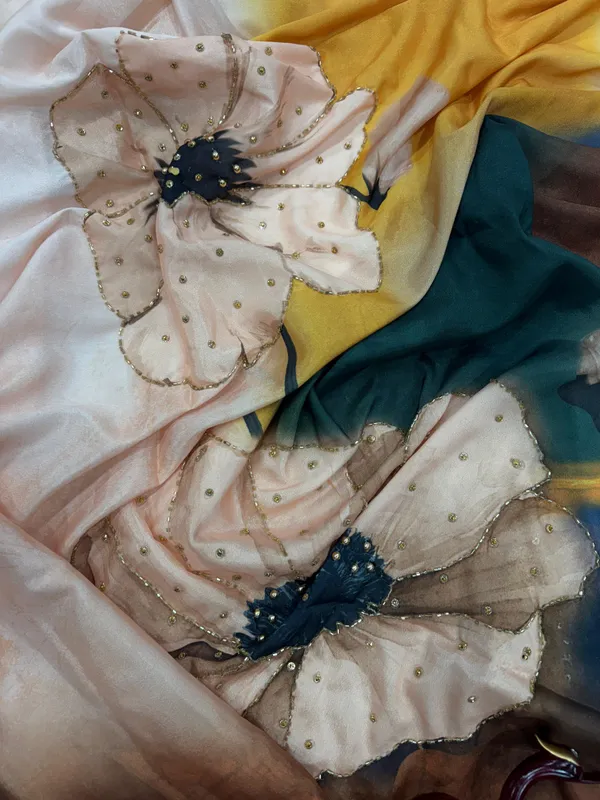 Beige_Satin_Floral_Handwork_Designer_Saree
