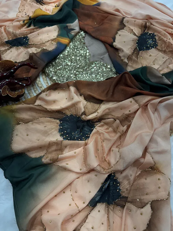 Beige_Satin_Floral_Handwork_Designer_Saree
